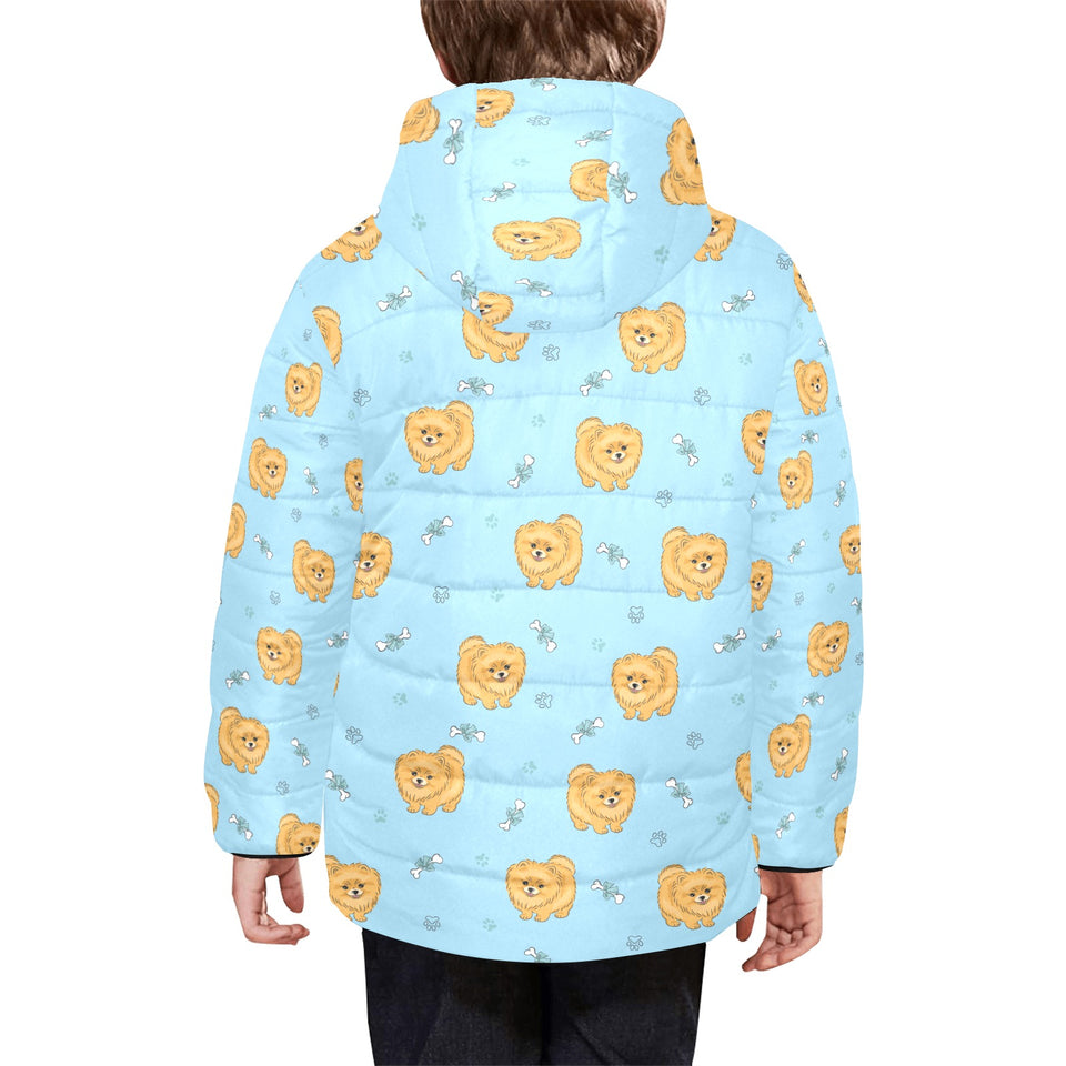 Brown cute pomeranian blue blackground Kids' Boys' Girls' Padded Hooded Jacket