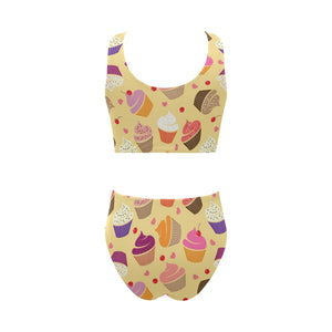 cake cupcake heart cherry pattern Chest Bowknot High Waisted Bikini Swimsuit