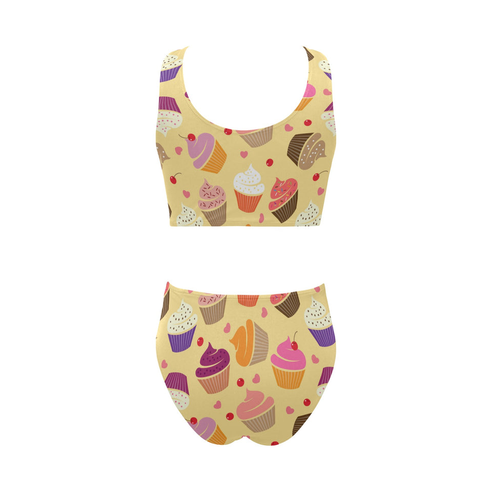 cake cupcake heart cherry pattern Chest Bowknot High Waisted Bikini Swimsuit