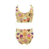 cake cupcake heart cherry pattern Chest Bowknot High Waisted Bikini Swimsuit