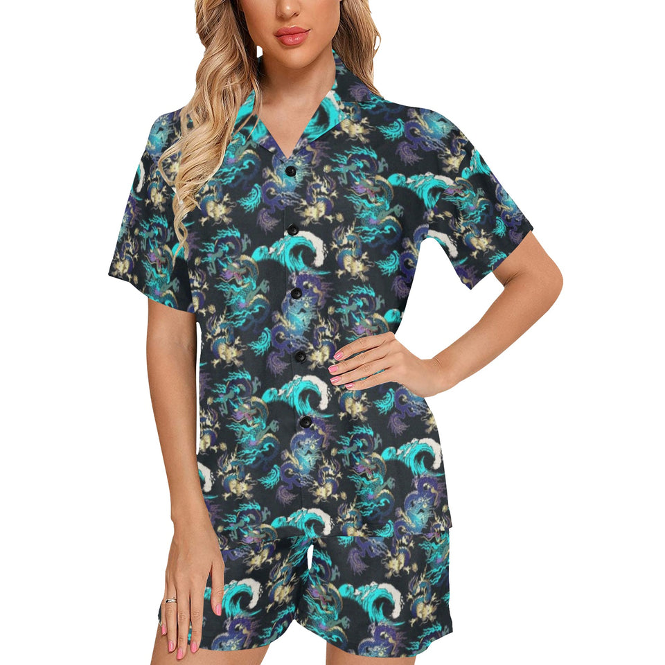Dragon sea wave pattern Women's V-Neck Short Pajama Set