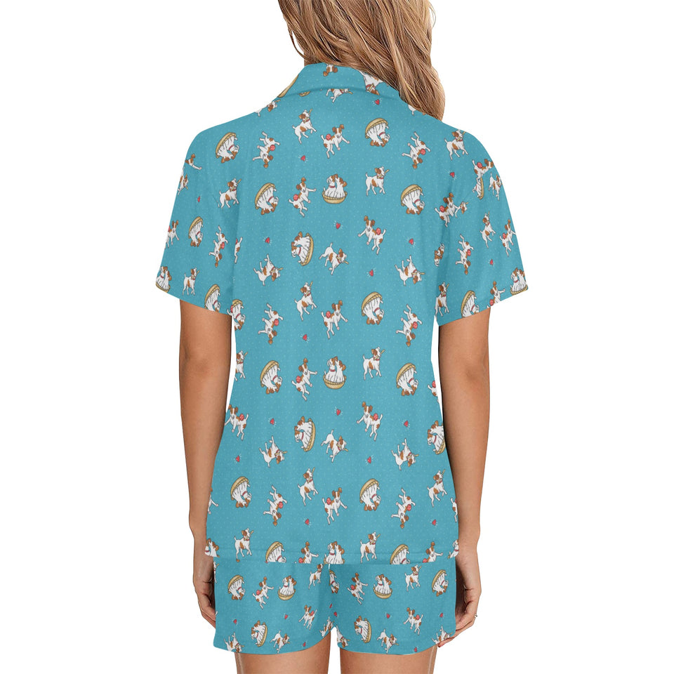 Jack Russel Pattern Print Design 03 Women's V-Neck Short Pajama Set