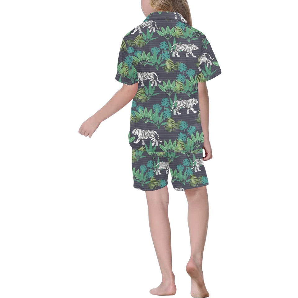 white bengal tigers tropical plant Kids' Boys' Girls' V-Neck Short Pajama Set