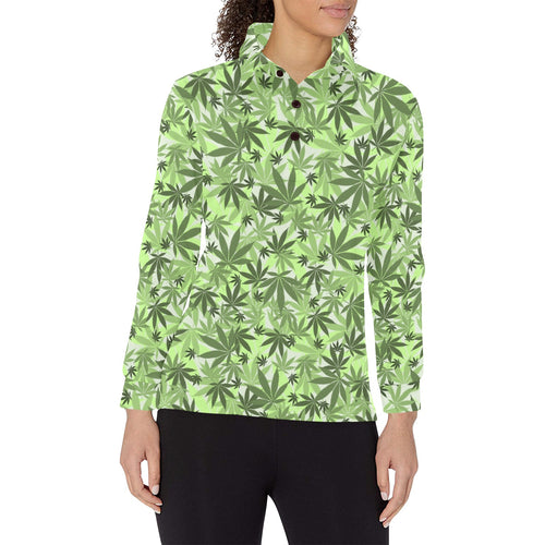 Canabis Marijuana Weed Pattern Print Design 01 Women's Long Sleeve Polo Shirt