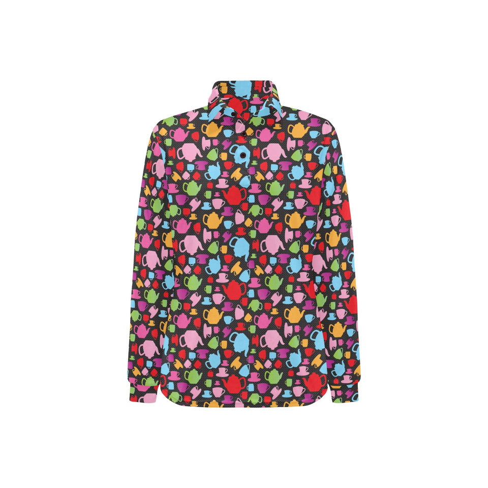 Tea pots Pattern Print Design 01 Women's Long Sleeve Polo Shirt