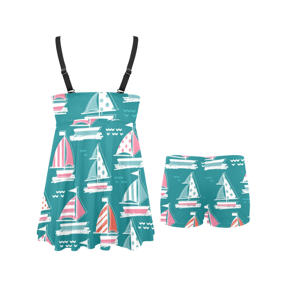 Cute sailboat pattern Chest Sexy Pleated Two Piece Swim Dress