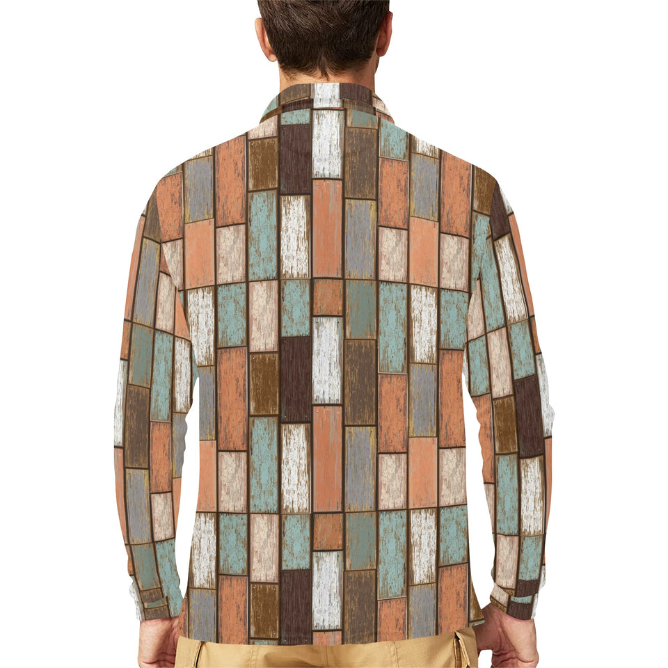Wood Printed Pattern Print Design 02 Men's Long Sleeve Polo Shirt