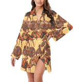 Camel polynesian tribal design pattern Women's Long Sleeve Belted Night Robe