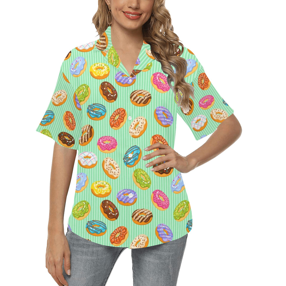 Colorful donut pattern green background Women's All Over Print Hawaiian Shirt