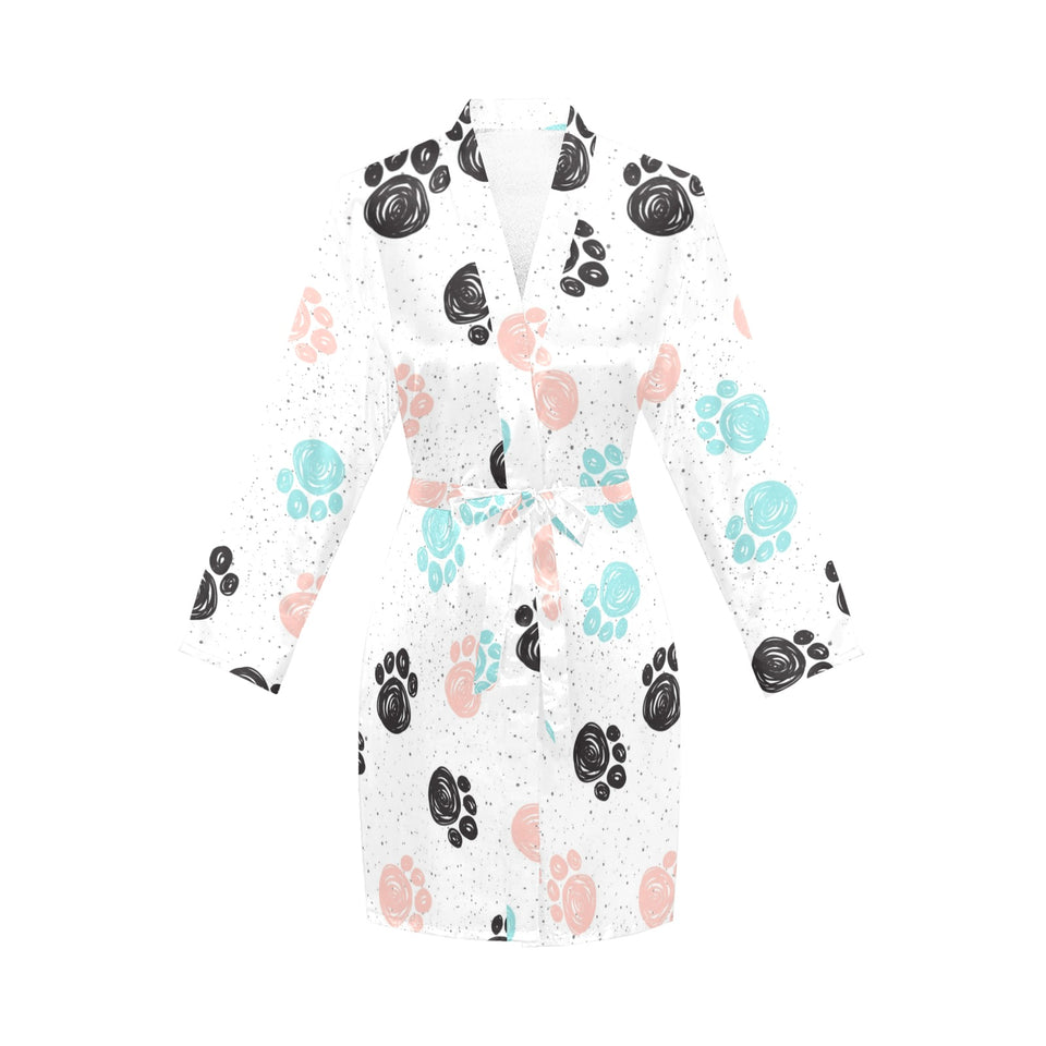 Dog Paws Pattern Print Design 04 Women's Long Sleeve Belted Night Robe