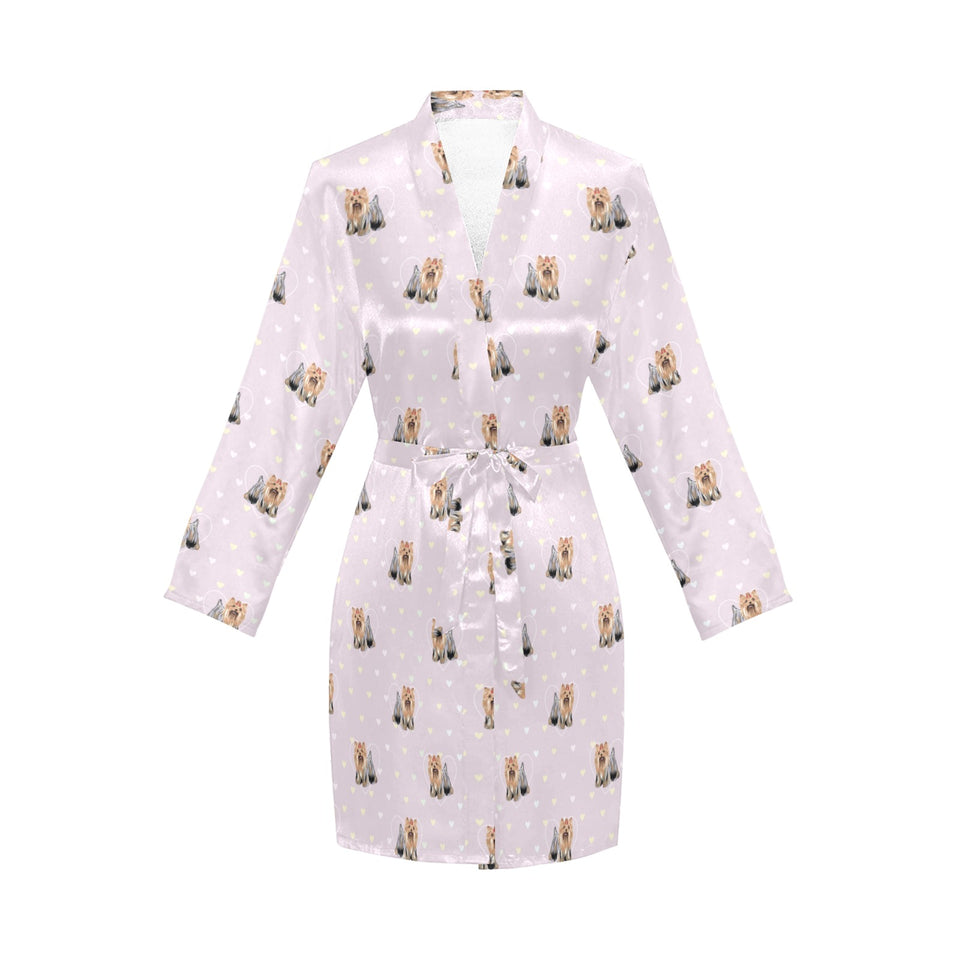 Yorkshire Terrier Pattern Print Design 02 Women's Long Sleeve Belted Night Robe