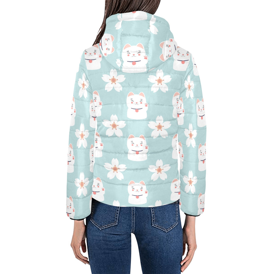 Maneki neko cat sakura Women's Padded Hooded Jacket