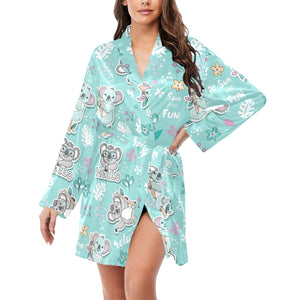 Cute koalas blue background pattern Women's Long Sleeve Belted Night Robe