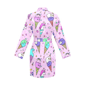 Cute ice cream cone animal pattern Women's Long Sleeve Belted Night Robe