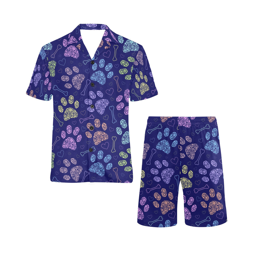 Dog Paws Pattern Print Design 02 Men's V-Neck Short Pajama Set