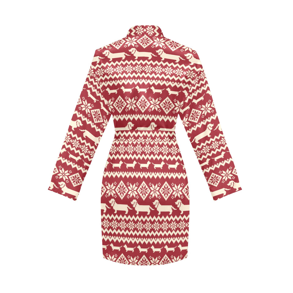 Dachshund Nordic pattern Women's Long Sleeve Belted Night Robe