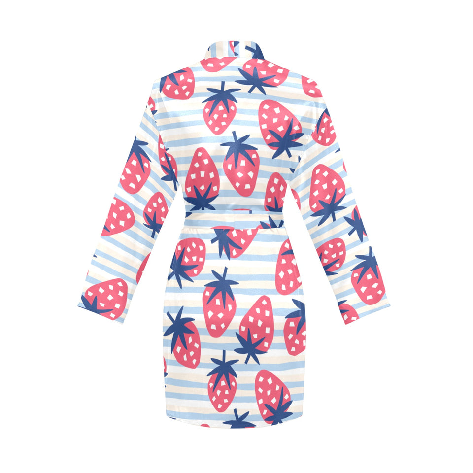 Strawberry pattern blue lines background Women's Long Sleeve Belted Night Robe