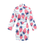 Strawberry pattern blue lines background Women's Long Sleeve Belted Night Robe