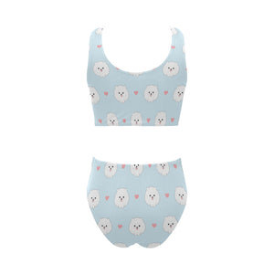 White cute pomeranian pattern Chest Bowknot High Waisted Bikini Swimsuit