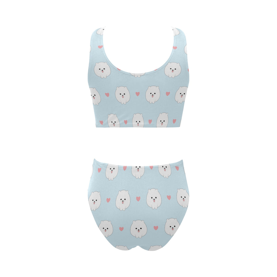 White cute pomeranian pattern Chest Bowknot High Waisted Bikini Swimsuit
