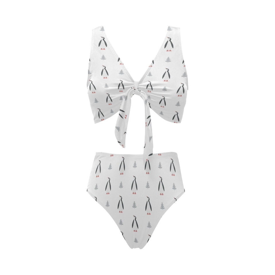 Penguin pattern Chest Bowknot High Waisted Bikini Swimsuit