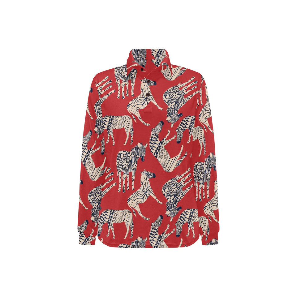Zebra abstract red background Women's Long Sleeve Polo Shirt
