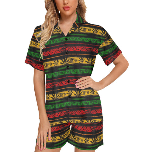 Canabis Marijuana Weed Pattern Print Design 04 Women's V-Neck Short Pajama Set
