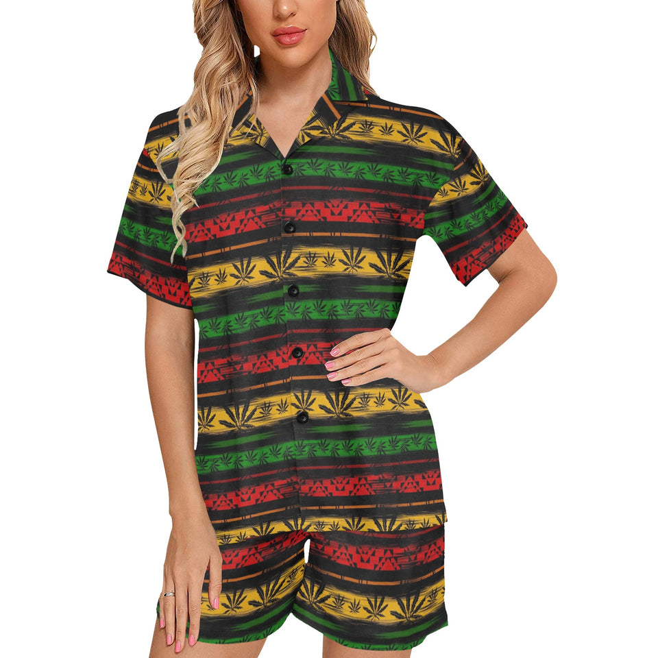 Canabis Marijuana Weed Pattern Print Design 04 Women's V-Neck Short Pajama Set