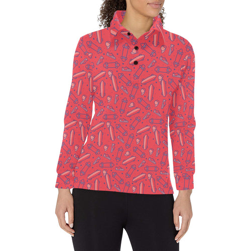 Skate Board Pattern Print Design 01 Women's Long Sleeve Polo Shirt