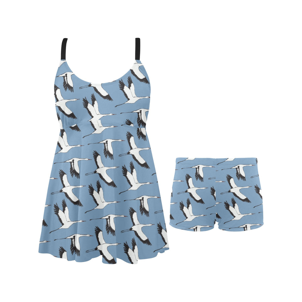 Seagull Pattern Print Design 04 Chest Sexy Pleated Two Piece Swim Dress