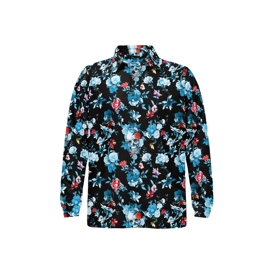 Skull flower roses leave pattern Men's Long Sleeve Polo Shirt