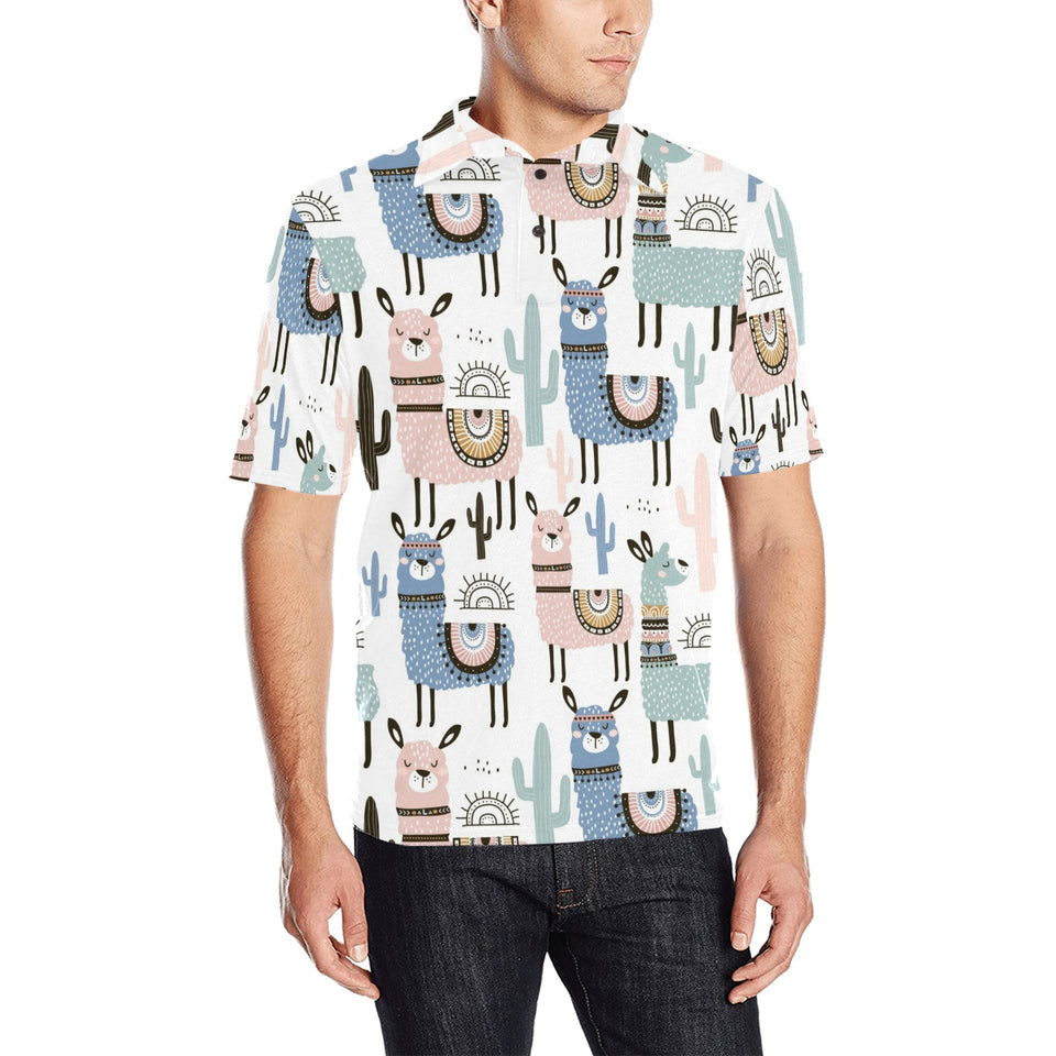 lama Alpaca cactus hand drawn pattern Men's All Over Print Polo Shirt