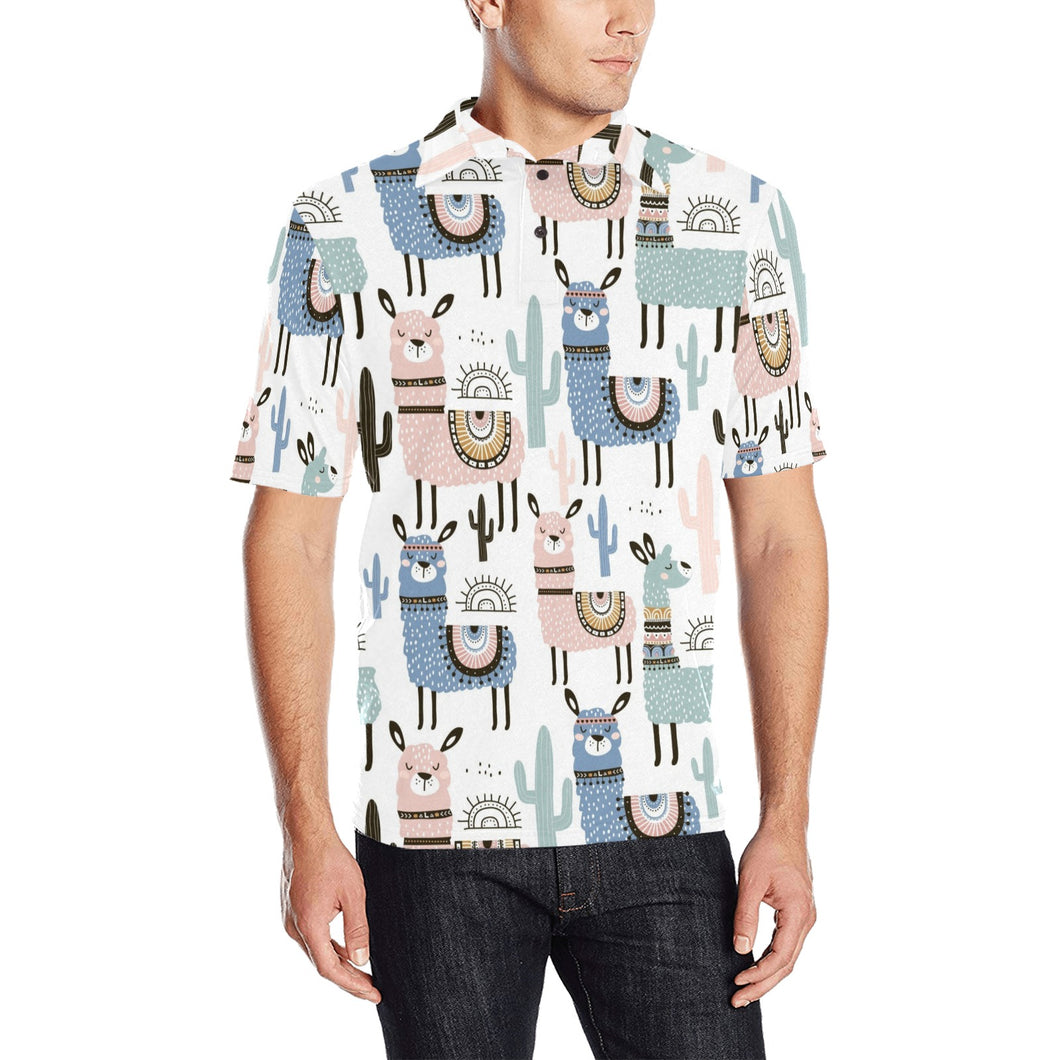 lama Alpaca cactus hand drawn pattern Men's All Over Print Polo Shirt