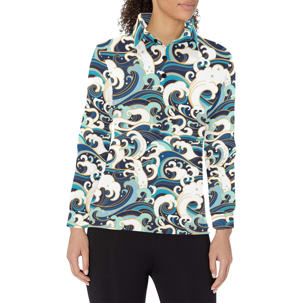 Japanese wave pattern Women's Long Sleeve Polo Shirt