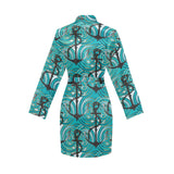 Anchor nautical green background Women's Long Sleeve Belted Night Robe