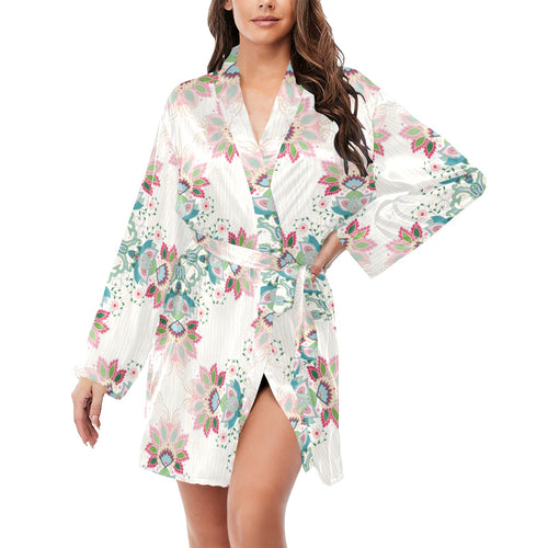 Square floral indian flower pattern Women's Long Sleeve Belted Night Robe