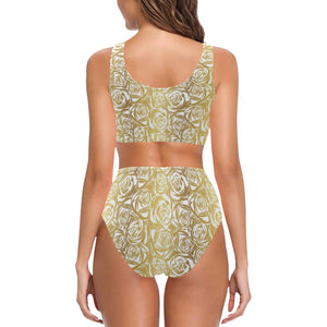 Rose Pattern Print Design 05 Chest Bowknot High Waisted Bikini Swimsuit
