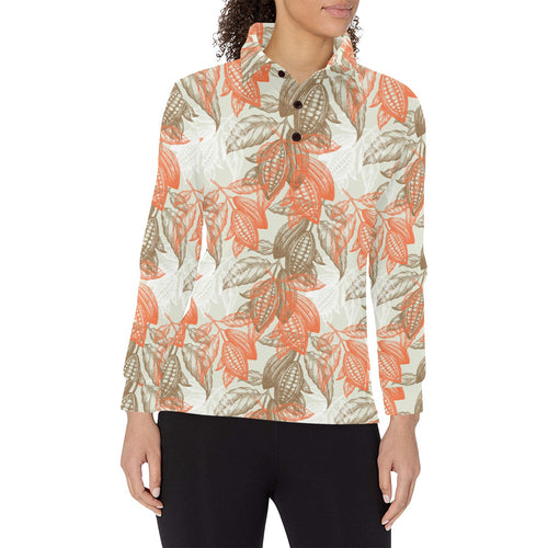 Cocoa beans Cocoa tree pattern Women's Long Sleeve Polo Shirt