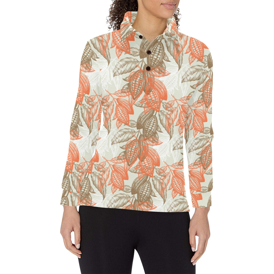 Cocoa beans Cocoa tree pattern Women's Long Sleeve Polo Shirt