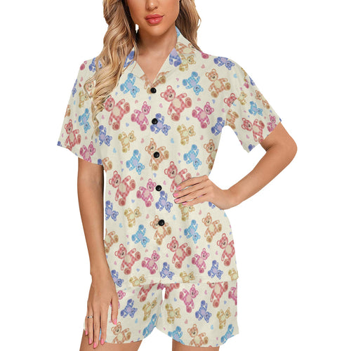 Teddy Bear Pattern Print Design 05 Women's V-Neck Short Pajama Set