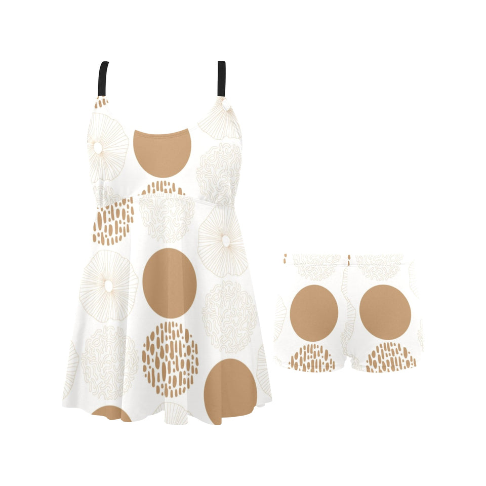 Gold Texture mushroom pattern Chest Sexy Pleated Two Piece Swim Dress