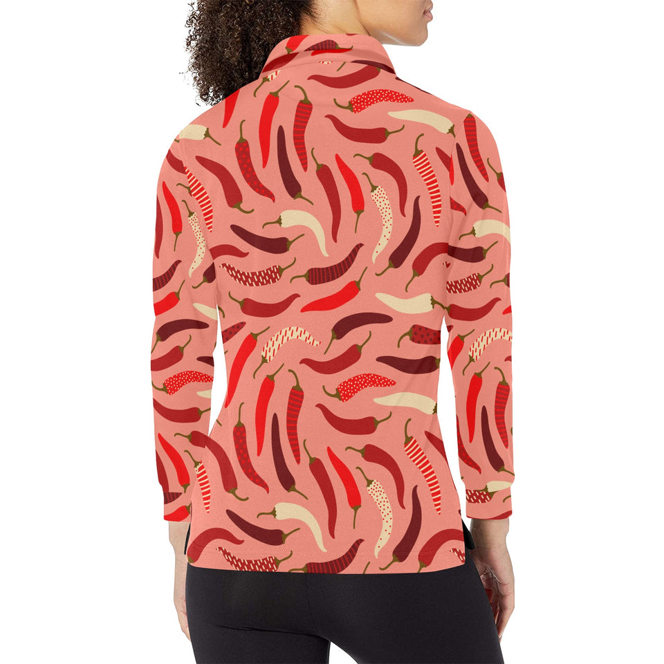 Beautiful Chili peppers pattern Women's Long Sleeve Polo Shirt