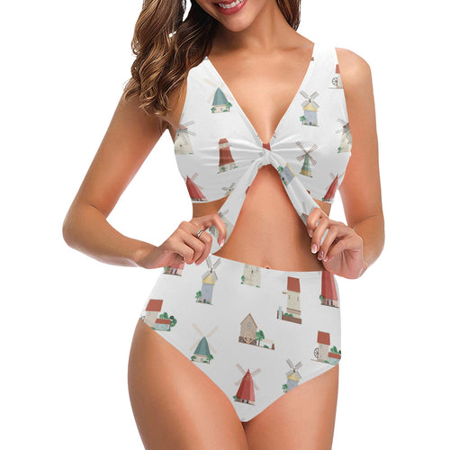 windmill design pattern Chest Bowknot High Waisted Bikini Swimsuit