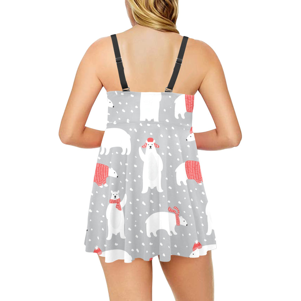 Cute polar bear christmas snow pattern Chest Sexy Pleated Two Piece Swim Dress