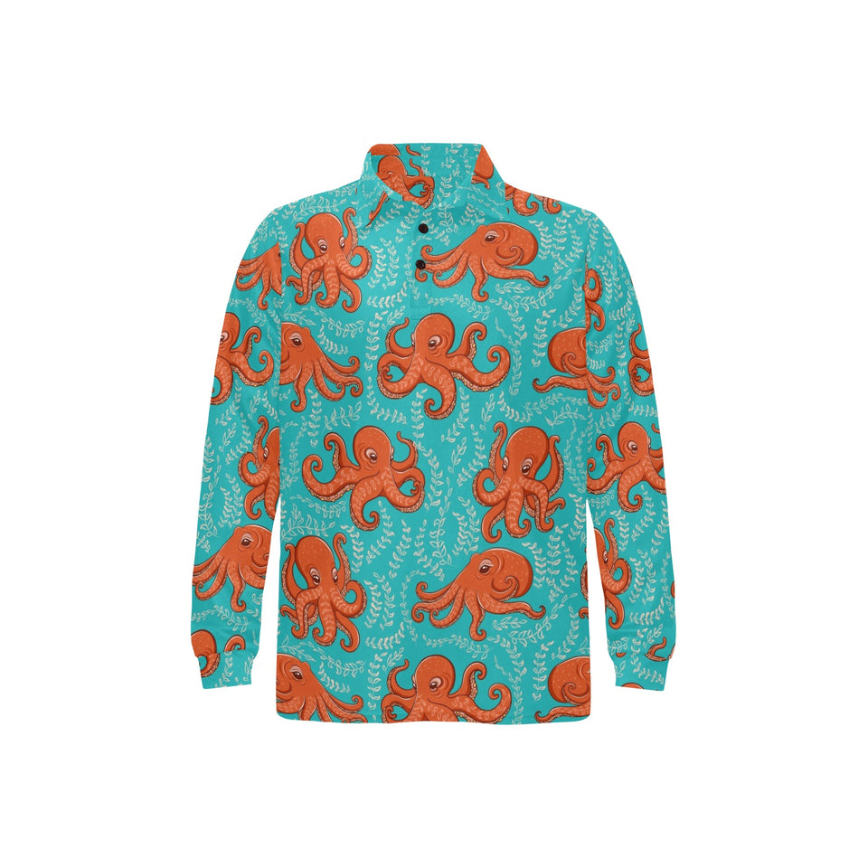 Octopus turquoise background Men's Long Sleeve Polo Shirt