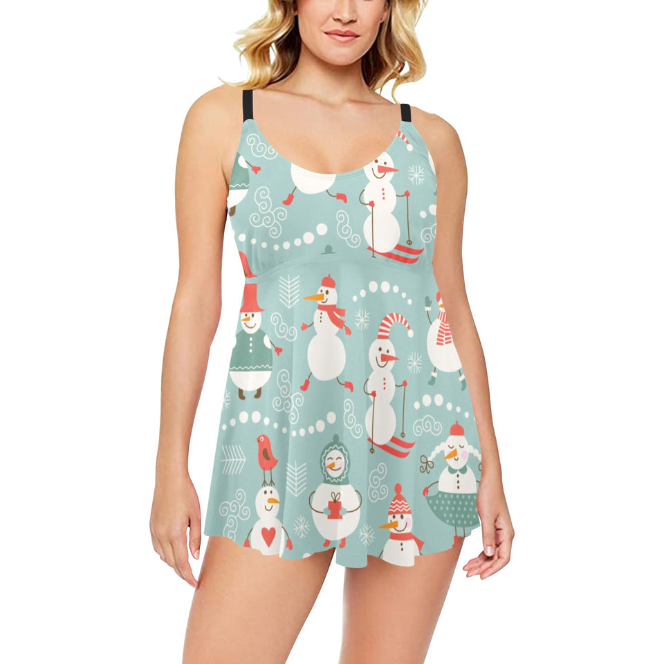 Cute snowman pattern Chest Sexy Pleated Two Piece Swim Dress