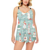 Cute snowman pattern Chest Sexy Pleated Two Piece Swim Dress