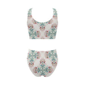Square floral indian flower pattern Chest Bowknot High Waisted Bikini Swimsuit