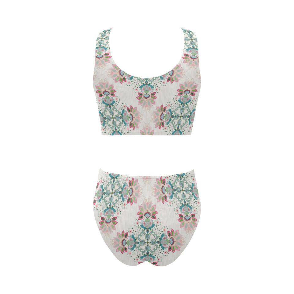 Square floral indian flower pattern Chest Bowknot High Waisted Bikini Swimsuit
