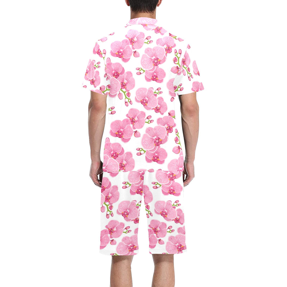 pink purple orchid pattern background Men's V-Neck Short Pajama Set